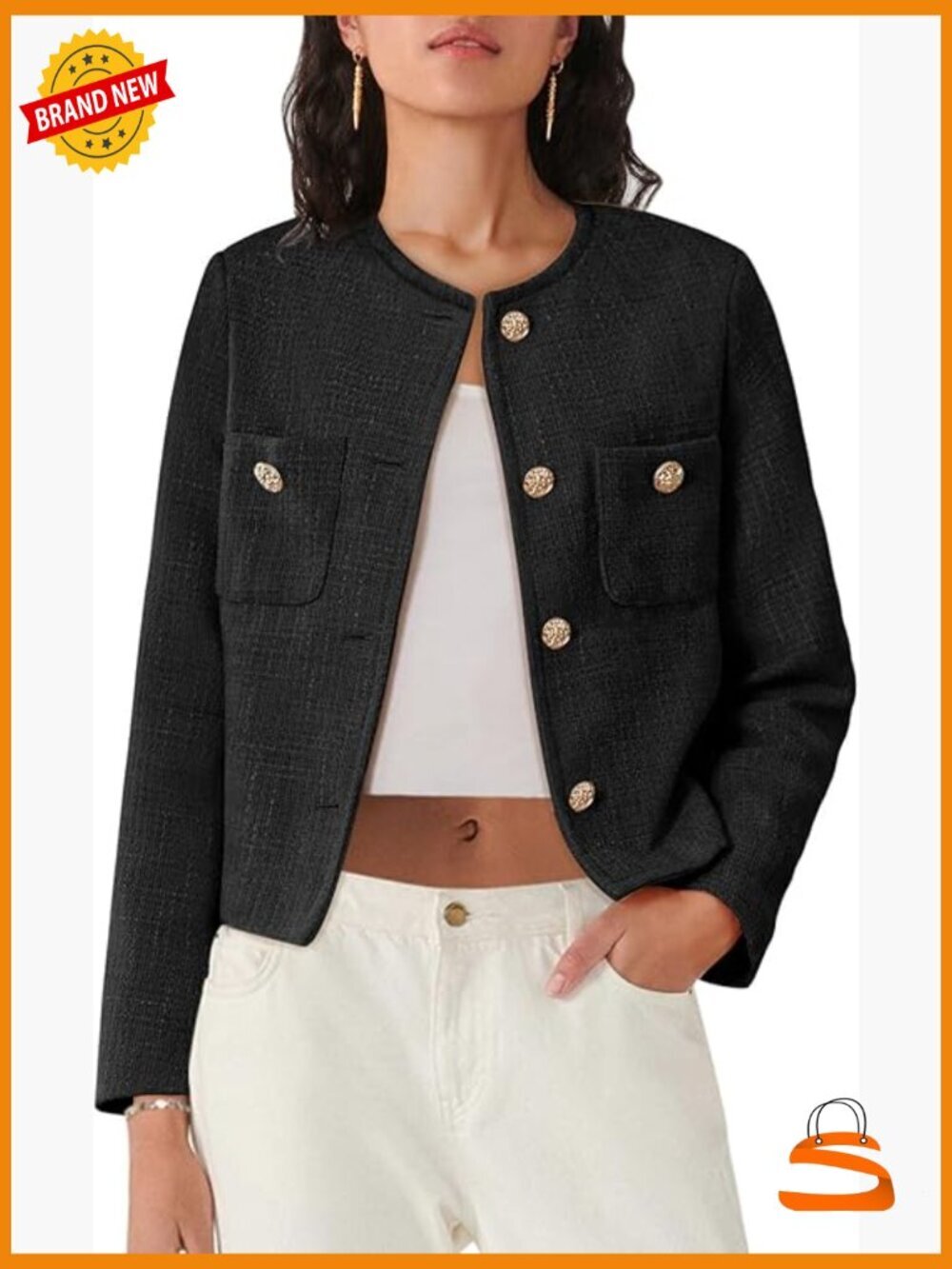 Cropped Tweed Blazer with Pockets Business Casual Button Down Jacket